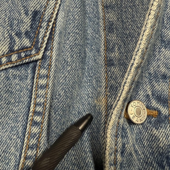 Vintage Tommy Jeans Jacket Mens 2XL Blue Denim Tan Collar Crest Patch 90s - Picture 7 of 14